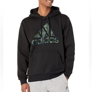 Adidas Men's Black and Green Camouflage Logo Printed French Terry Hoodie